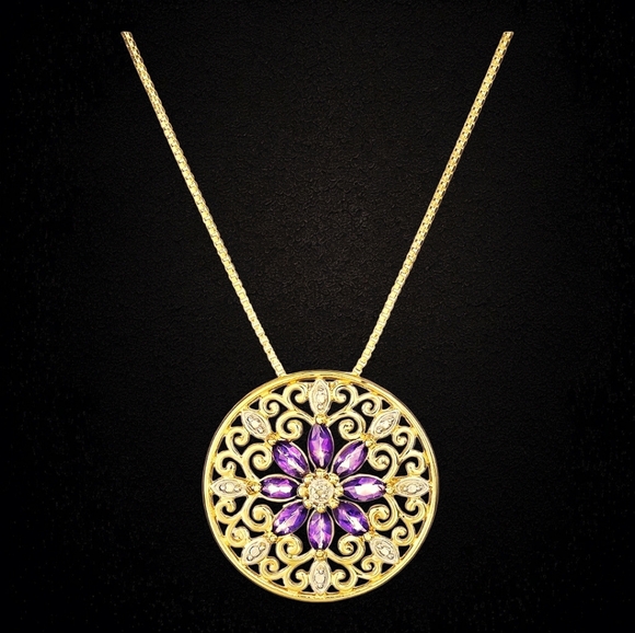 NWT Natural Amethyst Diamond Accent Necklace 18K Gold Plated Sterling Silver 18" - Picture 2 of 3